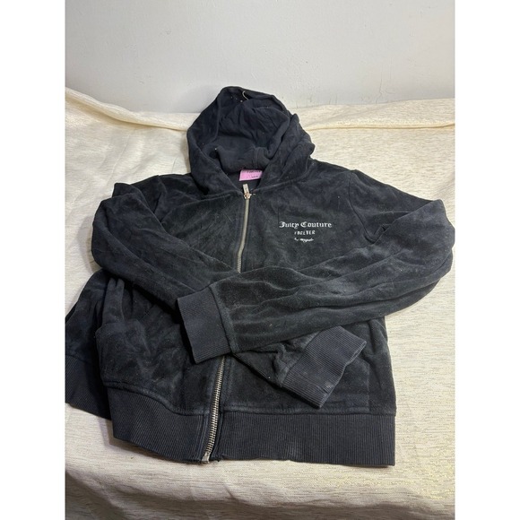 Juicy Couture x Forever 21 Black Velour Rhinestone Hooded Zip Up Jacket size M - Picture 5 of 7